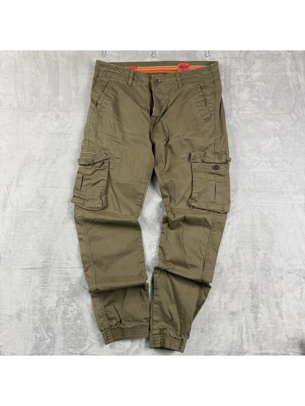 Superdry Men 34 Khaki Cargo Jogger Pants Utility Pockets Cuffed Hem Taperd Y2K